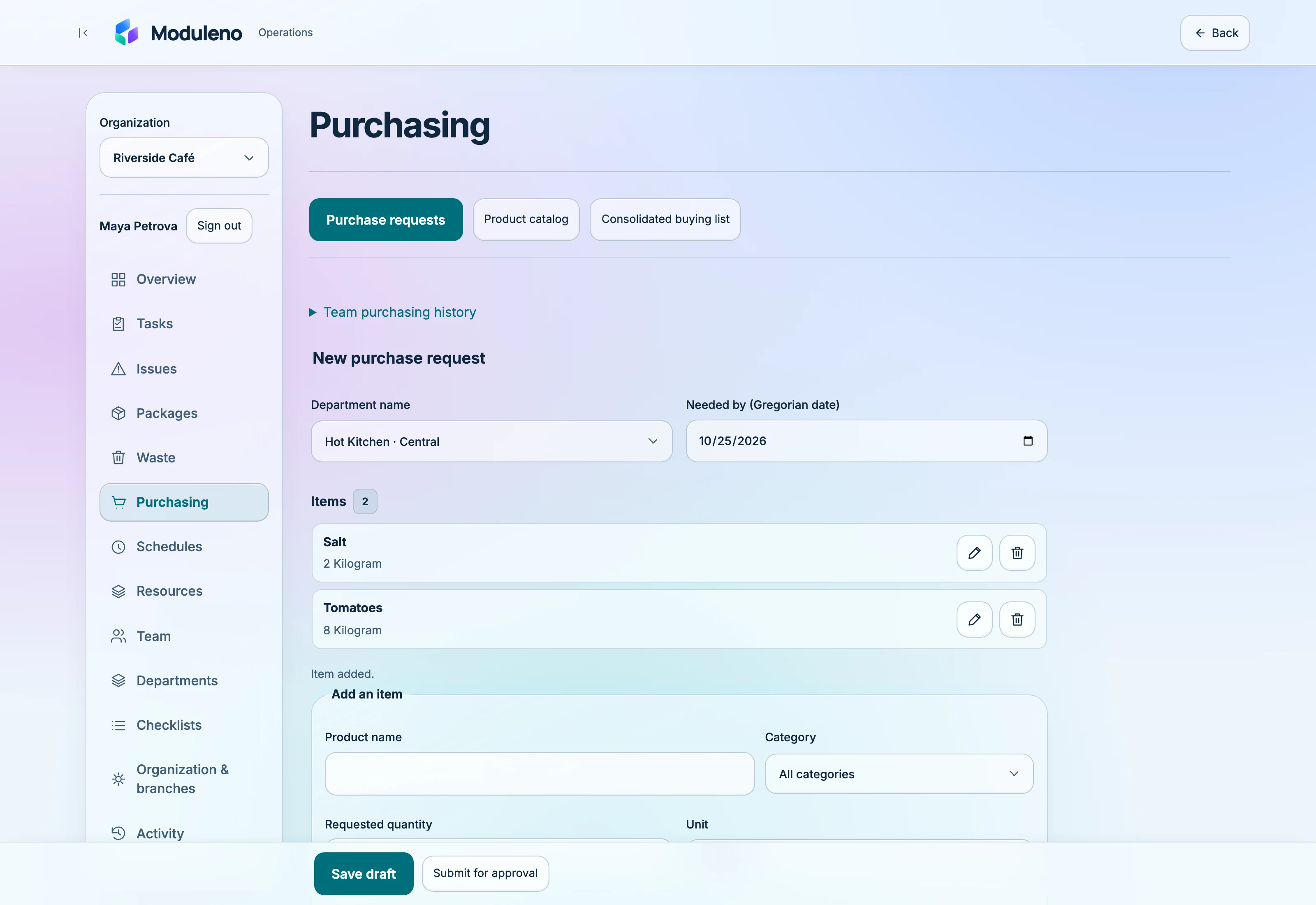 The real Moduleno desktop purchase request form with illustrative data.