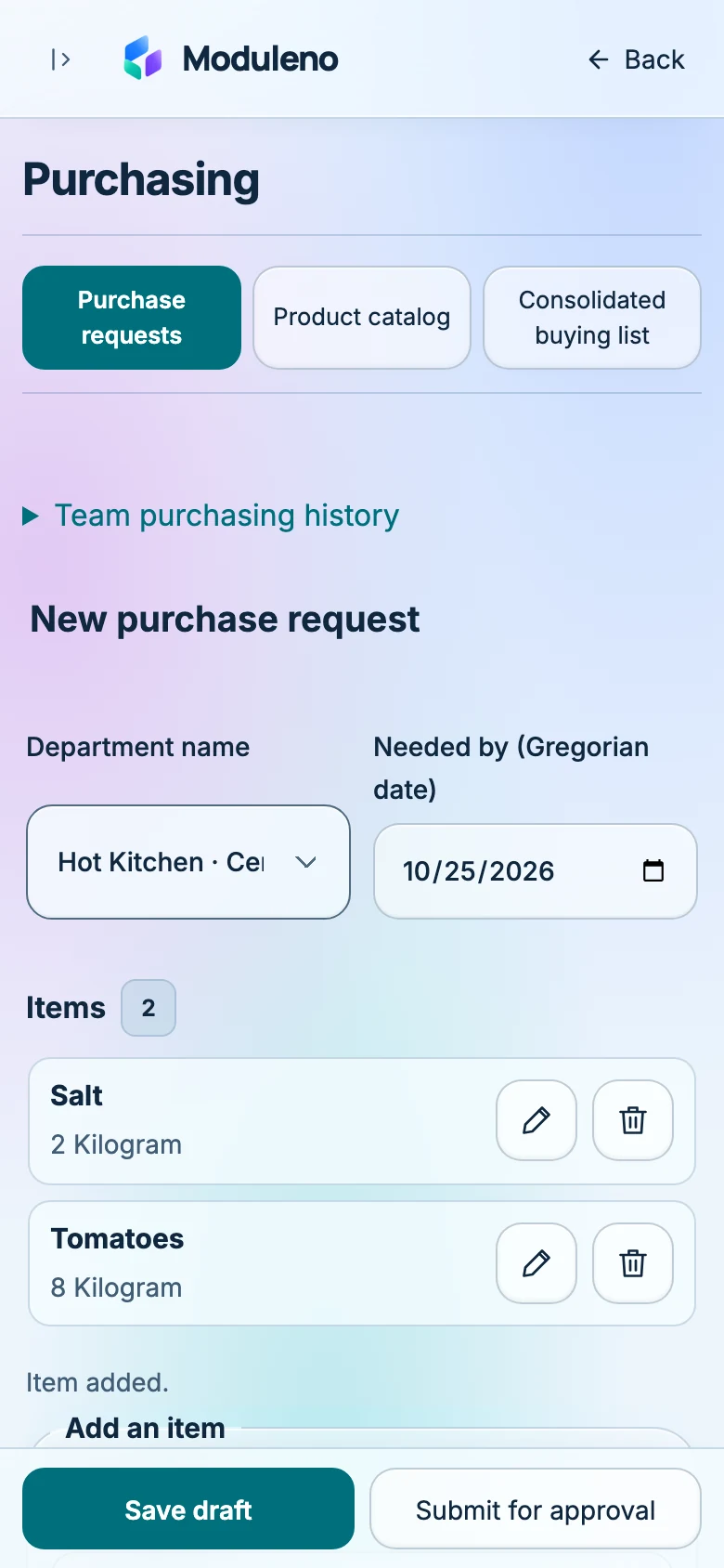 The real Moduleno mobile purchase request form with illustrative data.